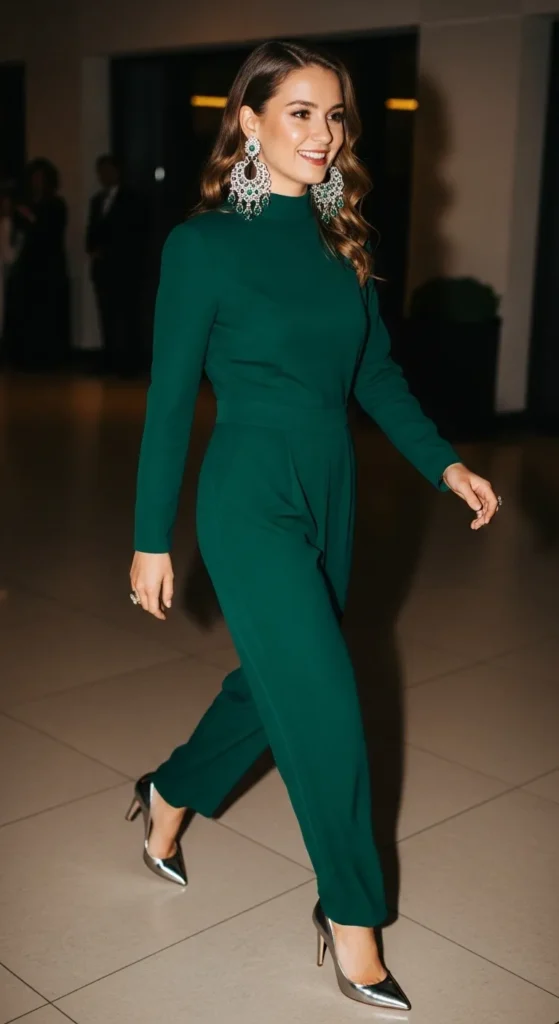 28 Cozy Capsule Wardrobe Ideas for Women That Actually Work 20 High-Night-Jumpsuit-Statement-Earrings-Metallic-Heels