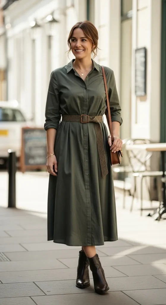 28 Cozy Capsule Wardrobe Ideas for Women That Actually Work 19 Midi-Shirt-Dress-Belted-Waist-Leather-Booties