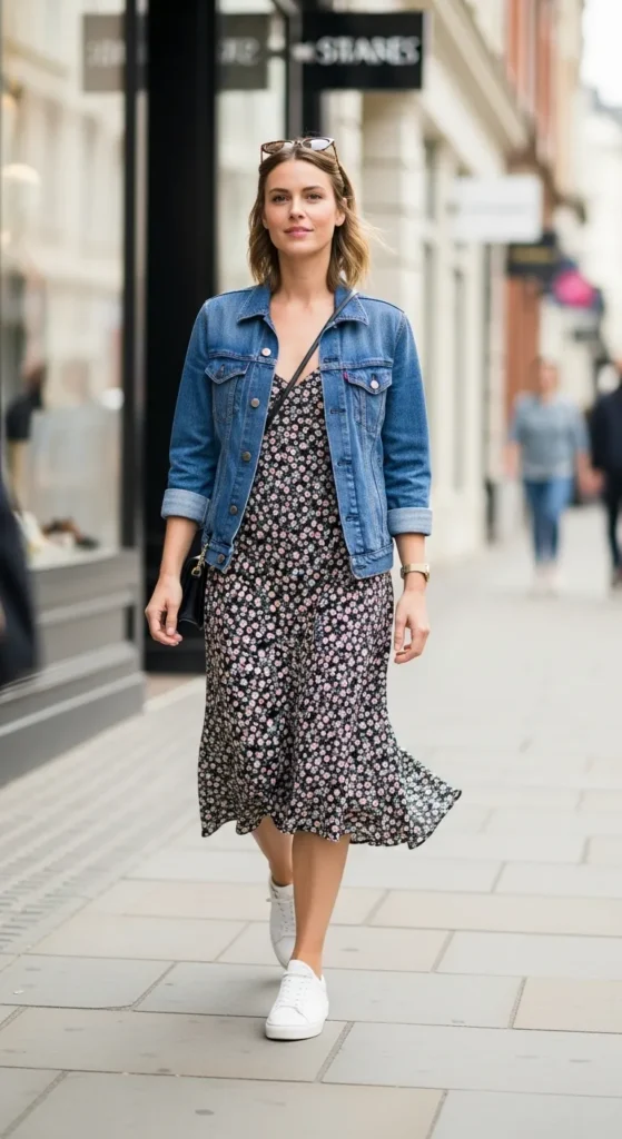 28 Cozy Capsule Wardrobe Ideas for Women That Actually Work 11 Midi-Slip-Dress-Denim-Jacket-White-Sneakers