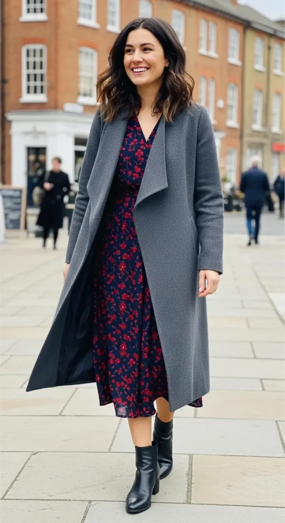 28 Cozy Capsule Wardrobe Ideas for Women That Actually Work 29 Midi-Wrap-Coat-Dress-Underneath-Ankle-Boots