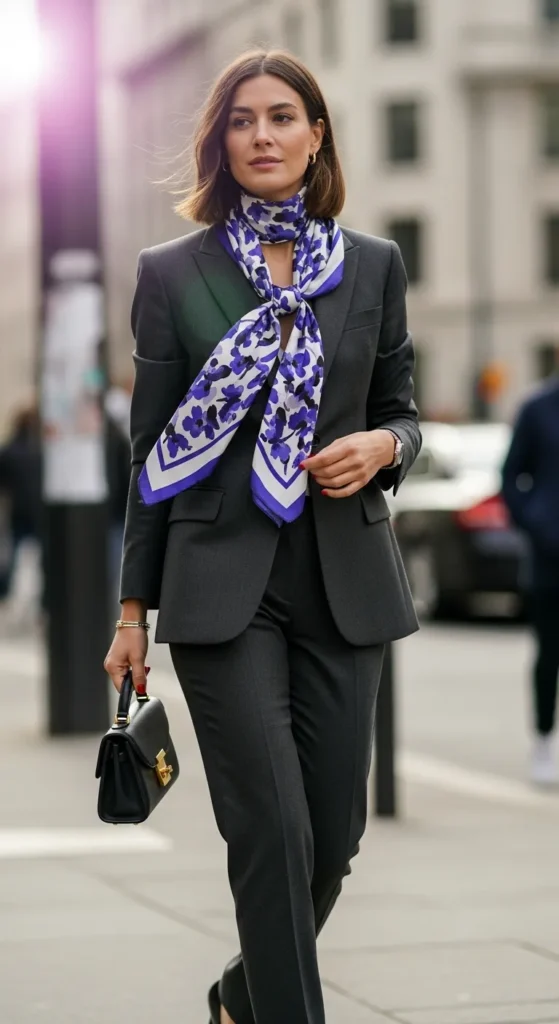 28 Cozy Capsule Wardrobe Ideas for Women That Actually Work 10 Monochrome-Suit-Tailored-Blazer-Matching-Trousers-Silk-Scarf