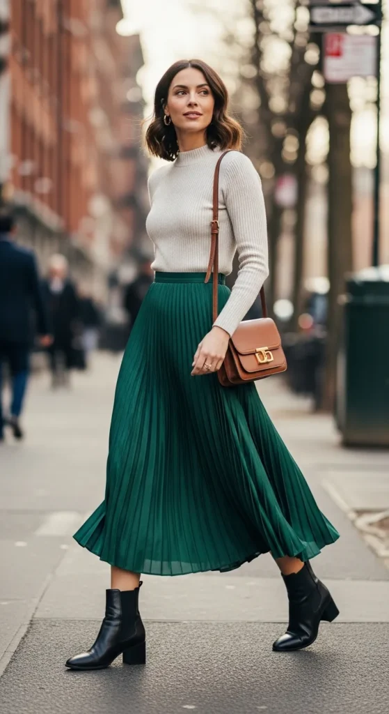 28 Cozy Capsule Wardrobe Ideas for Women That Actually Work 7 Pleated-Midi-Skirt-Fitted-Knit-Top-Ankle-Boots