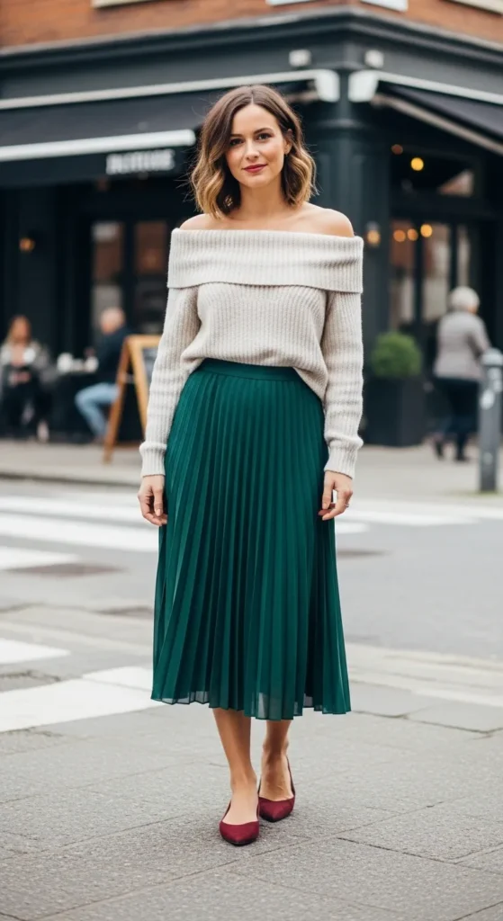 28 Cozy Capsule Wardrobe Ideas for Women That Actually Work 23 Pleated-Midi-Skirt-Off-Shoulder-Sweater-Pointed-Flats