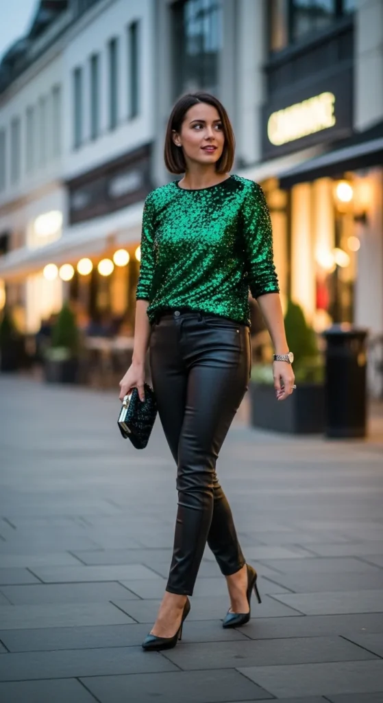 28 Cozy Capsule Wardrobe Ideas for Women That Actually Work 8 Sequin-Top-Leather-Pants-Classic-Pumps