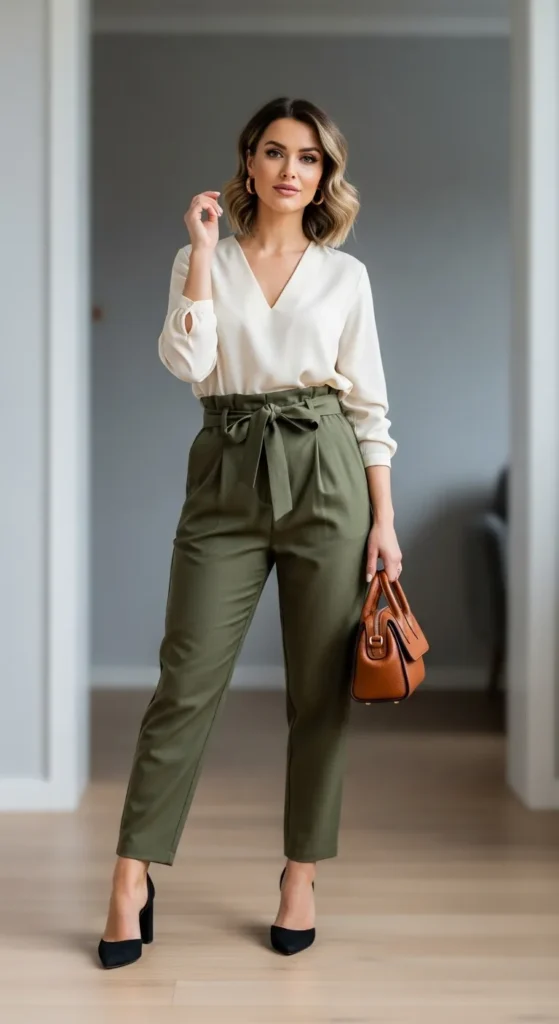 28 Cozy Capsule Wardrobe Ideas for Women That Actually Work 17 Silk-Blouse-Paper-Bag-Waist-Trousers-Block-Heels
