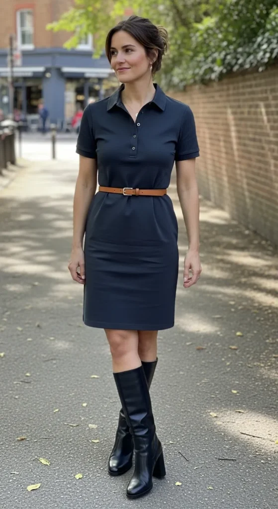 28 Cozy Capsule Wardrobe Ideas for Women That Actually Work 24 Structured-Polo-Dress-Leather-Belt-Block-Boots