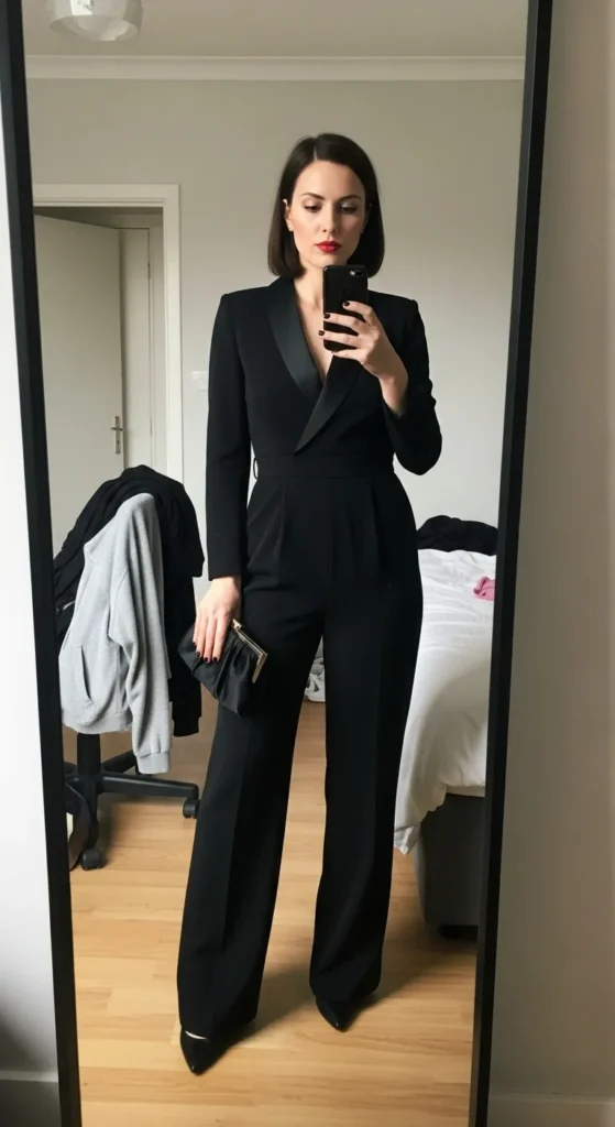 28 Cozy Capsule Wardrobe Ideas for Women That Actually Work 5 Tuxedo-Jumpsuit-Red-Lip-Clutch