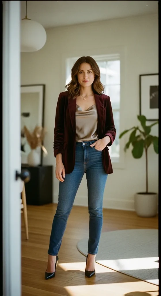 28 Cozy Capsule Wardrobe Ideas for Women That Actually Work 18 Velvet-Blazer-Satin-Camisole-Slim-Jeans-Heels