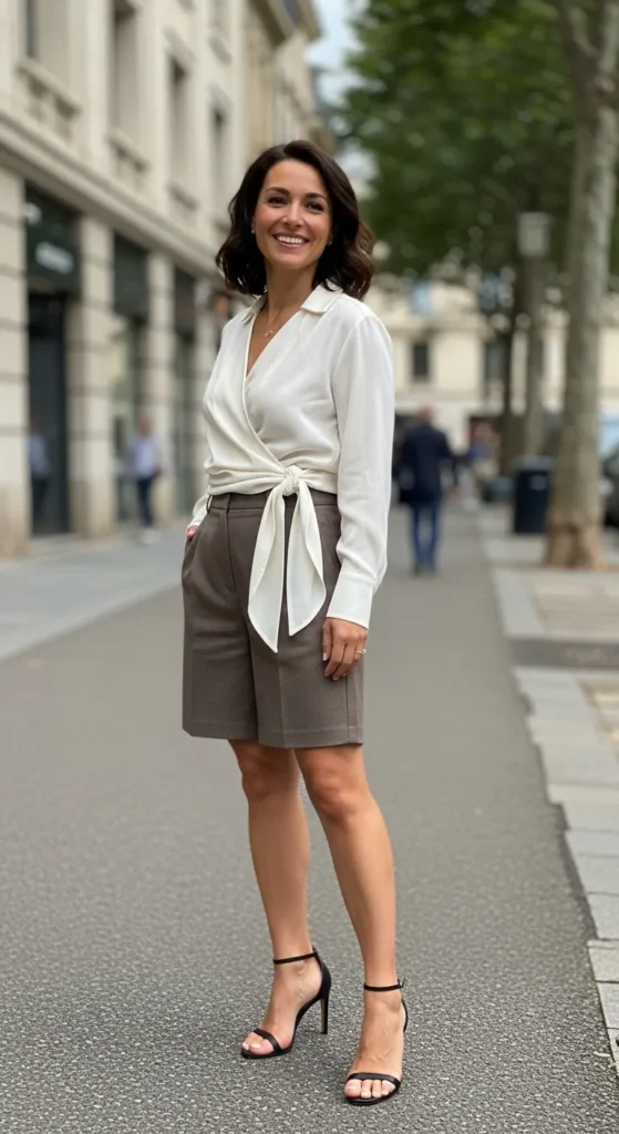 28 Cozy Capsule Wardrobe Ideas for Women That Actually Work 25 Wrap-Blouse-Tailored-Shorts-Strappy-Heels.