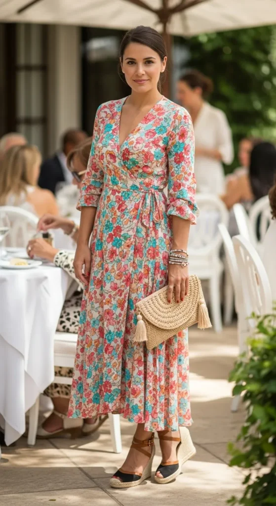 28 Cozy Capsule Wardrobe Ideas for Women That Actually Work 9 Wrap-Dress-Wedge-Sandals-Wrap-Bracelet