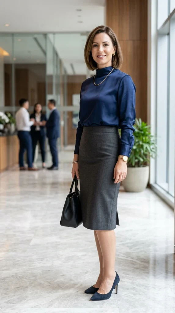 20+ Stunning Formal Outfit Ideas for a Classy and Confident Look 9 silk-blouse-with-skirt