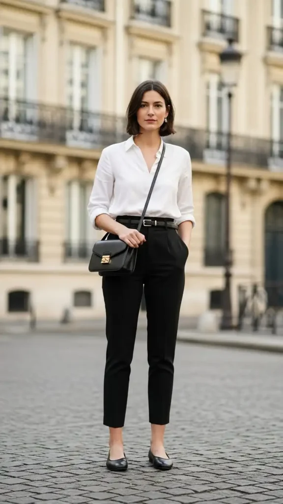 19+ French Wardrobe Basics Women Need For Everyday Elegance 18 black-cigarette-pants-with-ballet-flats
