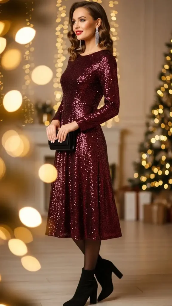 burgundy-sequin-midi-dress-black-opaque-tights