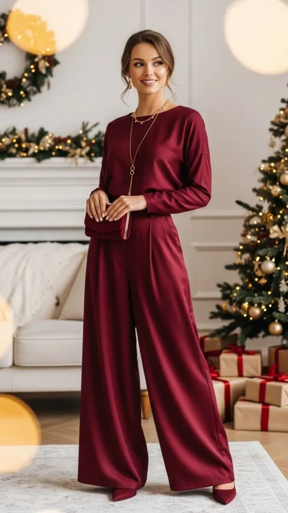 18+ Stunning Red Christmas Outfits for a Memorable Holiday 6 burgundy-wide-leg-trouser-set