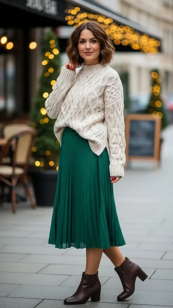 16 Trendy New Year Casual Outfit Ideas for Women You'll Love 11 cable-knit-sweater-with-a-pleated-midi-skirt