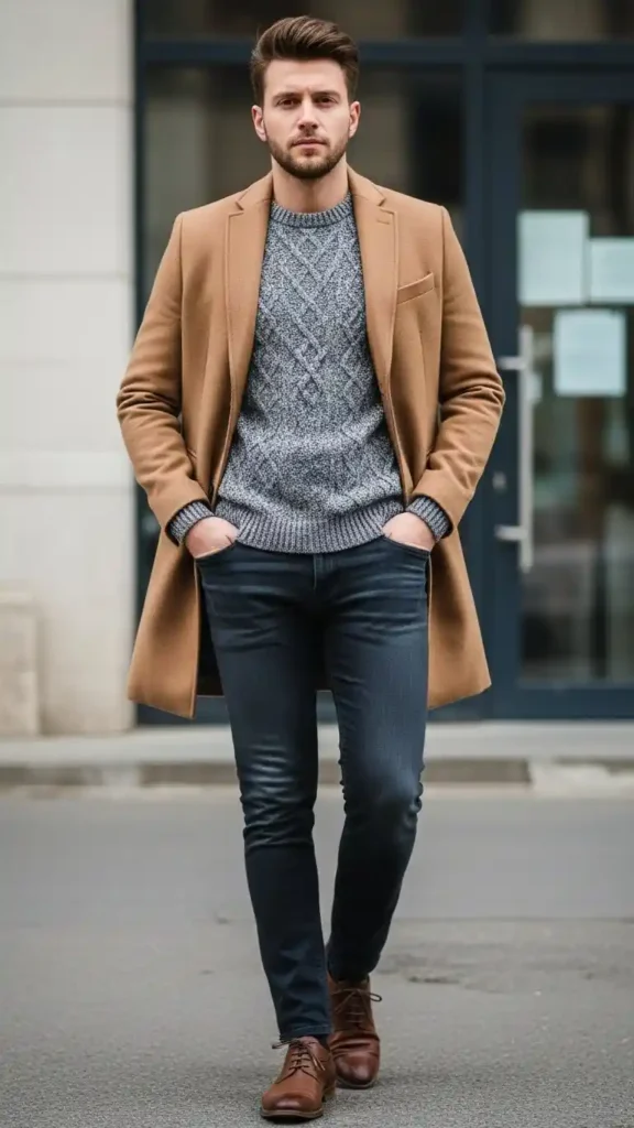 16 Trendy Men Winter Outfit Ideas to Stay Warm and Look Cool 10 camel-coat-with-grey-knitwear-combination