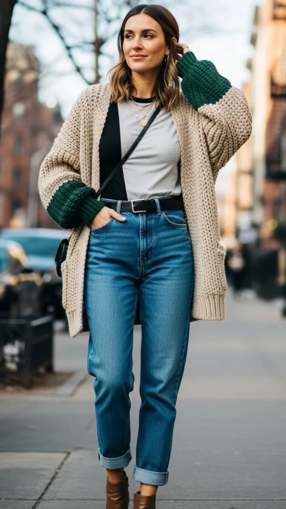 17 Cozy And Classy Winter Outfit Ideas for Women You'll Love 6 Cardigan-Layered-Over-a-Basic-Tee-with-Mom-Jeans