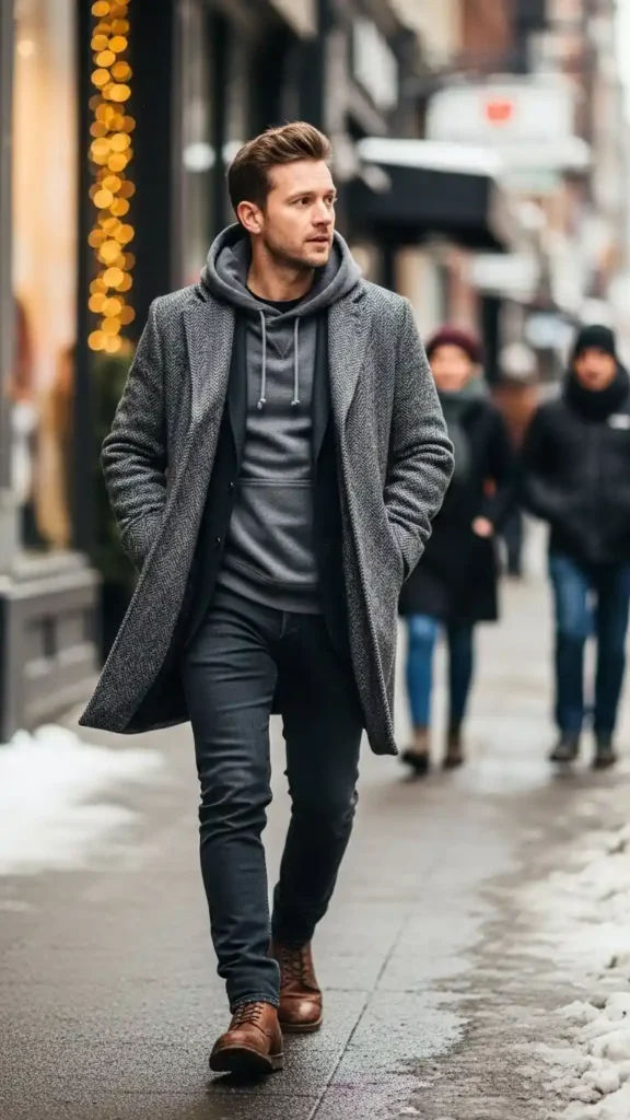 16 Trendy Men Winter Outfit Ideas to Stay Warm and Look Cool 5 casual-hoodie-under-overcoat-look