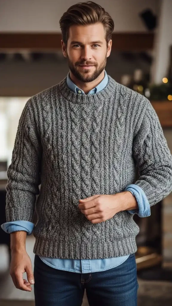 16 Trendy Men Winter Outfit Ideas to Stay Warm and Look Cool 8 chunky-knit-sweater-over-oxford-shirt