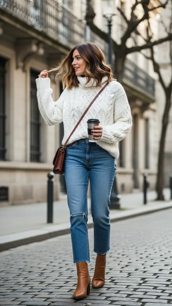 17 Cozy And Classy Winter Outfit Ideas for Women You'll Love 2 Chunky-Knit-Sweater-with-Straight-Leg-Jeans