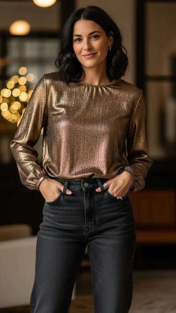 16 Trendy New Year Casual Outfit Ideas for Women You'll Love 2 classic-black-jeans-with-a-metallic-blouse