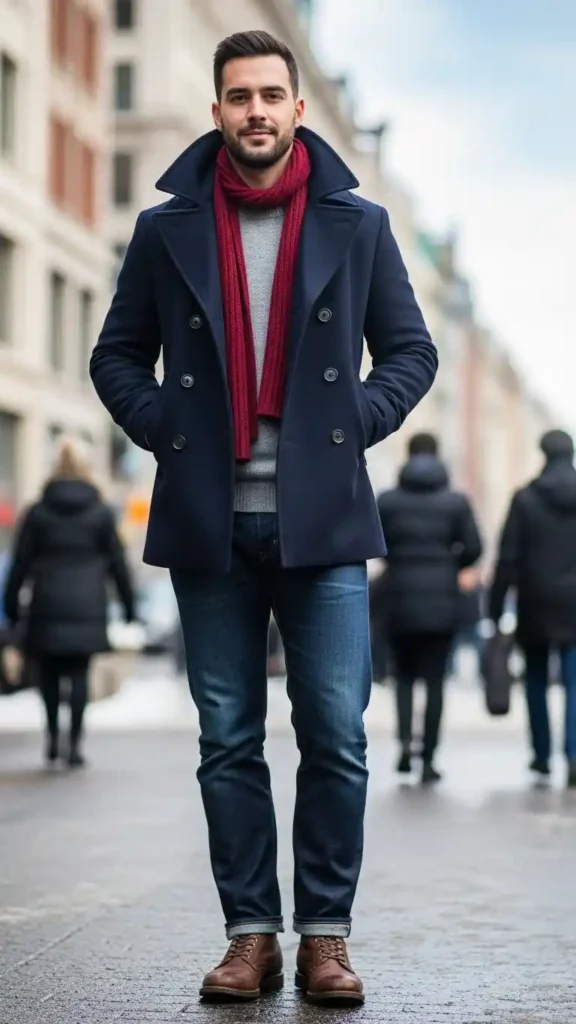 16 Trendy Men Winter Outfit Ideas to Stay Warm and Look Cool 2 classic-peacoat-with-dark-denim-combination