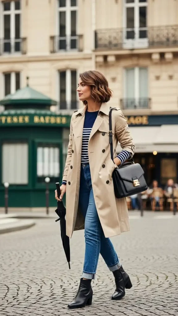 19+ French Wardrobe Basics Women Need For Everyday Elegance 8 classic-trench-coat-and-ankle-jeans