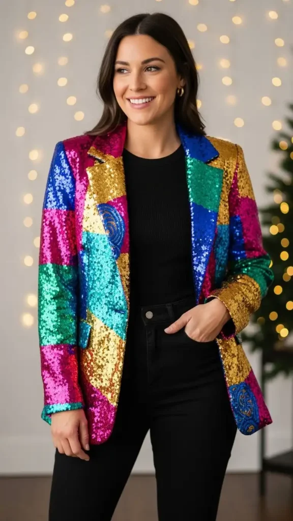 16 Trendy New Year Casual Outfit Ideas for Women You'll Love 17 colored-blazer-with-all-black-base