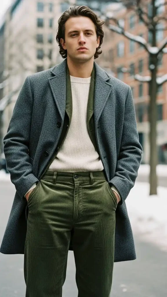 16 Trendy Men Winter Outfit Ideas to Stay Warm and Look Cool 12 corduroy-trousers-with-wool-blend-coat