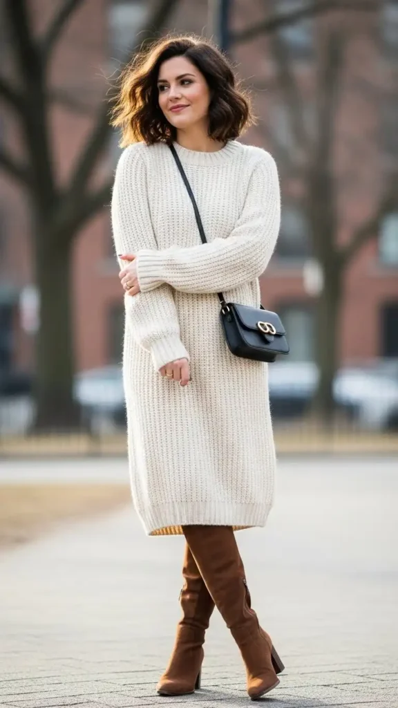 16 Trendy New Year Casual Outfit Ideas for Women You'll Love 3 cozy-knit-dress-with-knee-high-boots