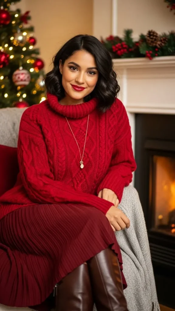 18+ Stunning Red Christmas Outfits for a Memorable Holiday 4 cozy-red-cable-knit-sweater-look