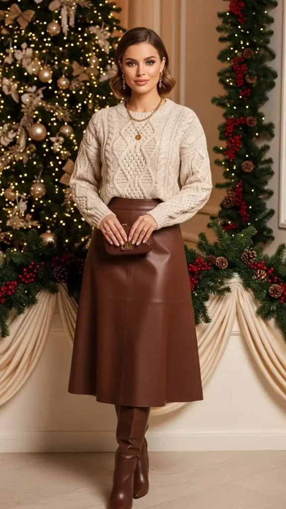 cream-cable-knit-sweater-chocolate-leather-midi-skirt