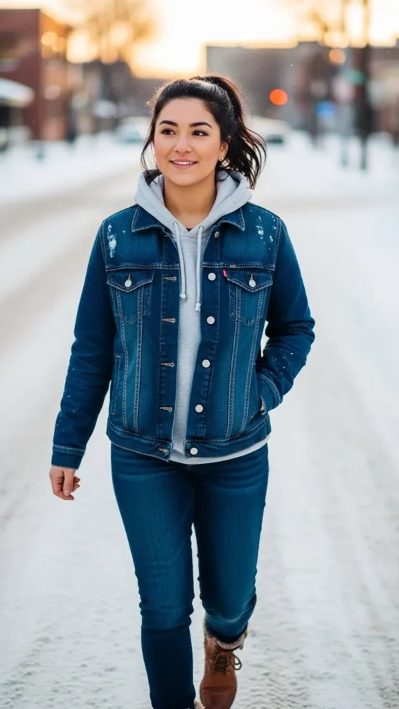 17 Cozy And Classy Winter Outfit Ideas for Women You'll Love 9 Denim-Jacket-Layered-Over-a-Hoodie