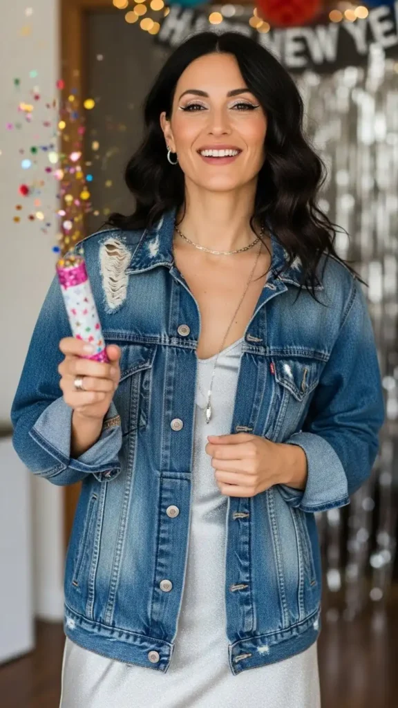 16 Trendy New Year Casual Outfit Ideas for Women You'll Love 7 denim-jacket-over-a-slip-dress