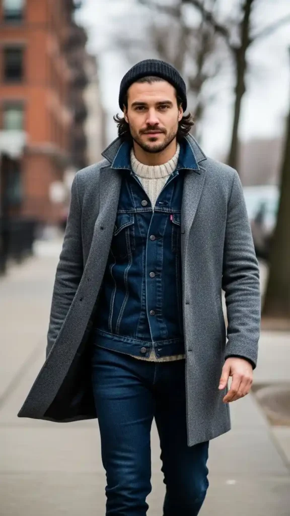 16 Trendy Men Winter Outfit Ideas to Stay Warm and Look Cool 16 Denim-Jacket-Under-Wool-Overcoat-Combo