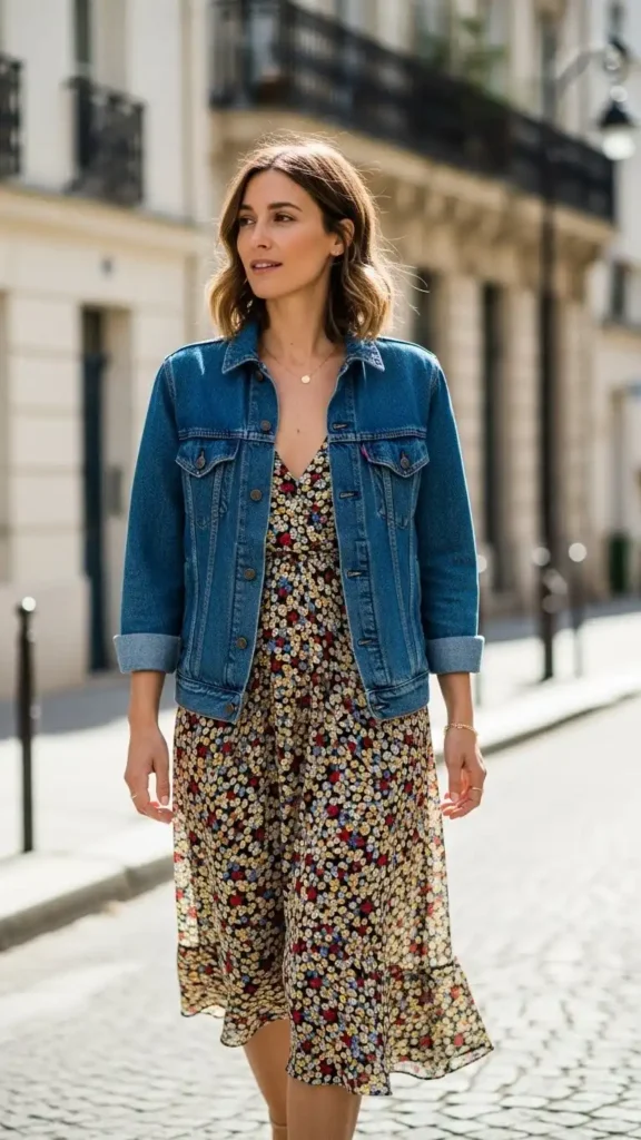 19+ French Wardrobe Basics Women Need For Everyday Elegance 17 denim-jacket-layered-over-a-floral-dress
