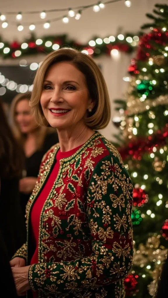 18 Cozy And Elegant Christmas Party Wear for Women Over 50 14 embellished-cardigan-over-simple-base