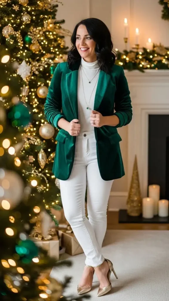 emerald-velvet-blazer-white-jeans-gold-heels