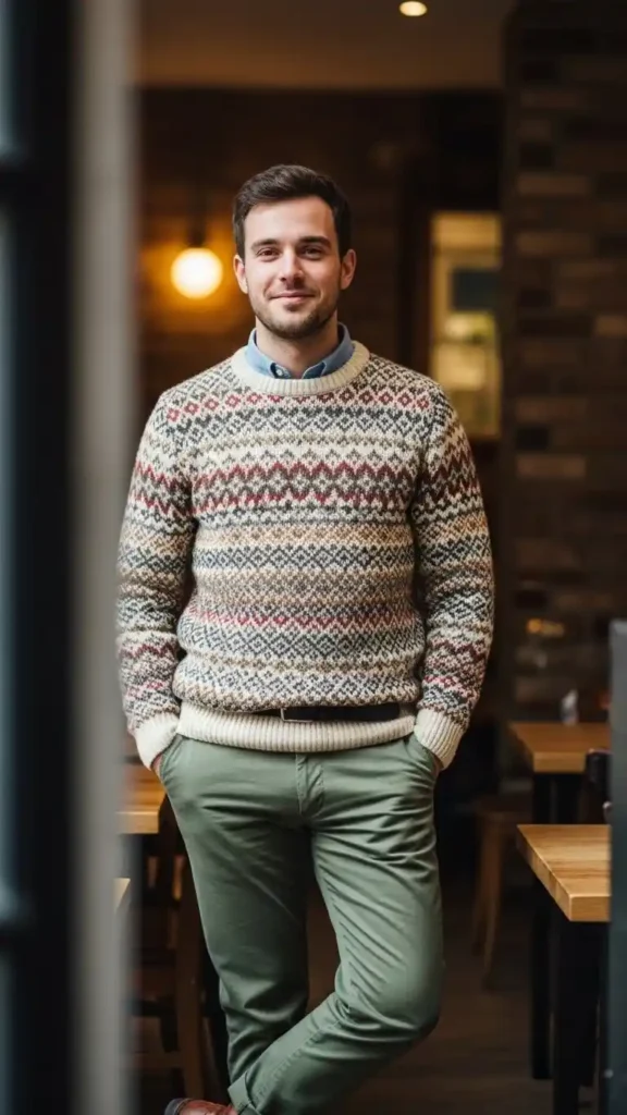 16 Trendy Men Winter Outfit Ideas to Stay Warm and Look Cool 13 fair-isle-sweater-with-chinos-outfit