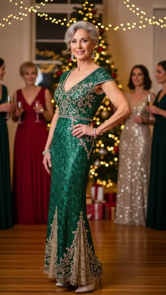 18 Cozy And Elegant Christmas Party Wear for Women Over 50 6 glamorous-floor-length-gown-elegance