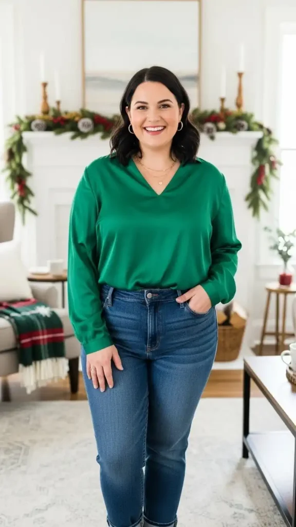 green-satin-blouse-and-jeans