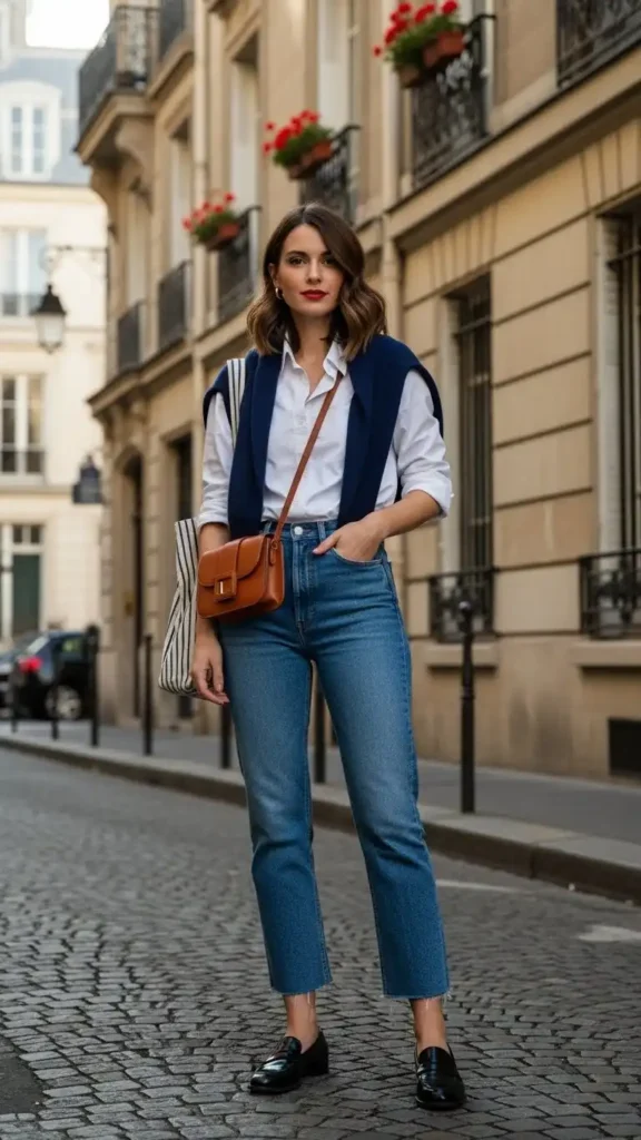 19+ French Wardrobe Basics Women Need For Everyday Elegance 6 high-rise-straight-jeans-and-loafers