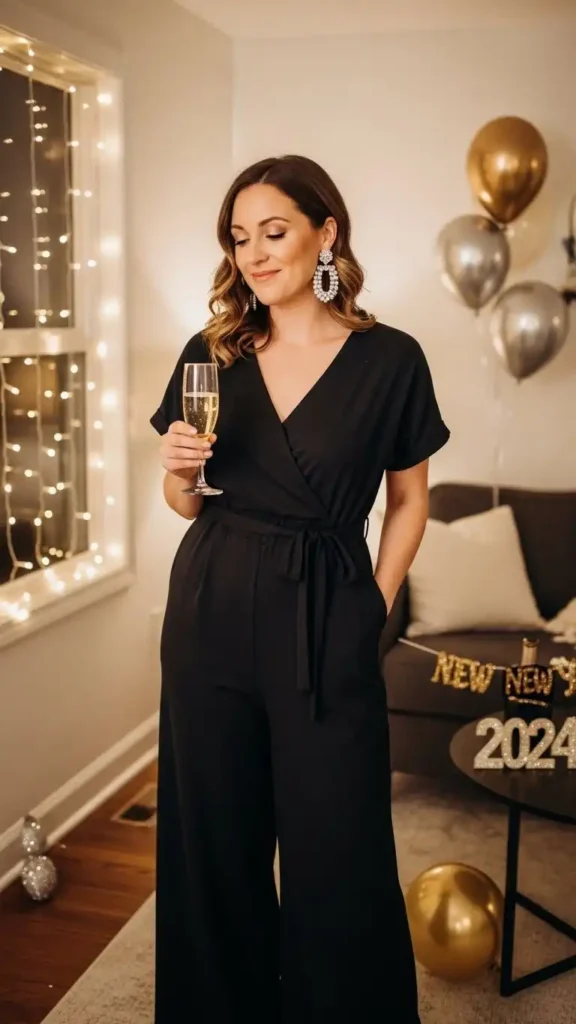 16 Trendy New Year Casual Outfit Ideas for Women You'll Love 12 jumpsuit-with-statement-earrings