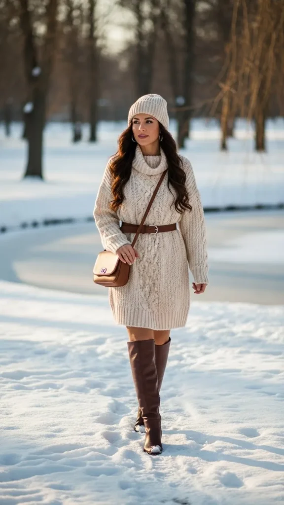 17 Cozy And Classy Winter Outfit Ideas for Women You'll Love 11 Knit-Sweater-Dress-with-Knee-High-Boots