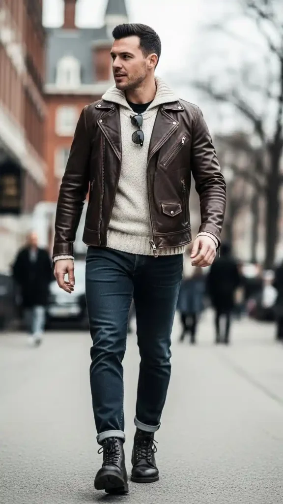 16 Trendy Men Winter Outfit Ideas to Stay Warm and Look Cool 11 leather-jacket-and-crew-neck-sweater-look