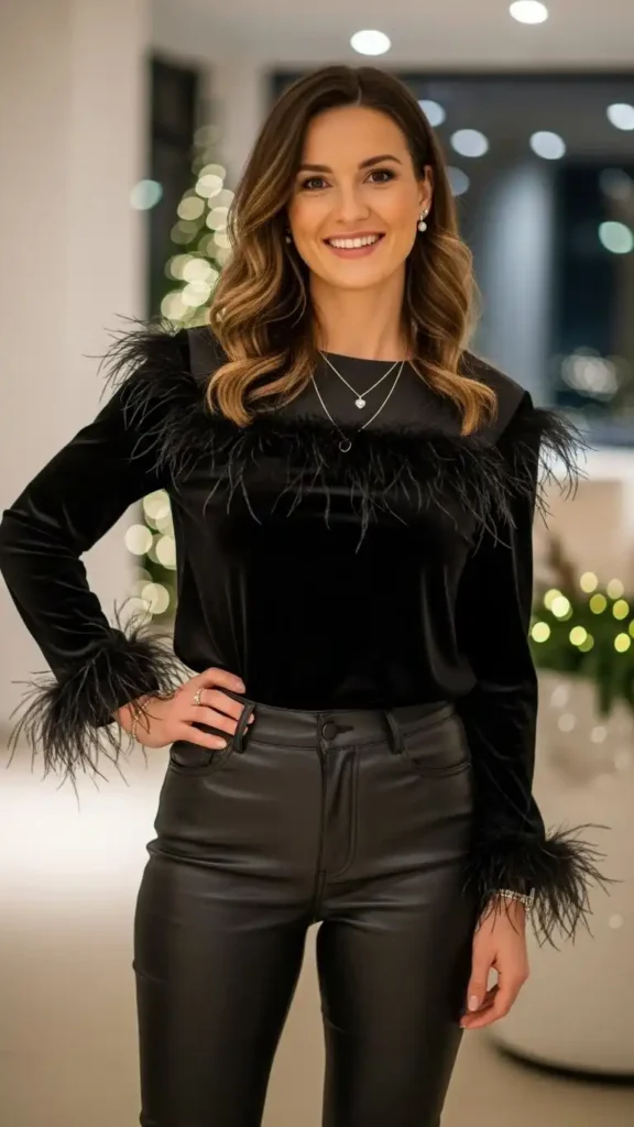 leather-pants-with-a-feather-trim-top