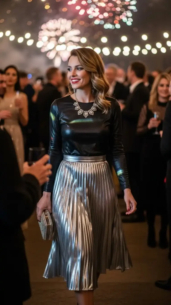 19 Perfect New Year Date Night Outfit Ideas to Look Stunning 6 metallic-pleated-skirt-ensemble