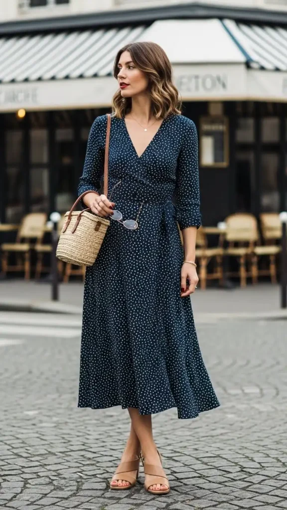 19+ French Wardrobe Basics Women Need For Everyday Elegance 14 midi-wrap-dress-with-block-heel-sandals