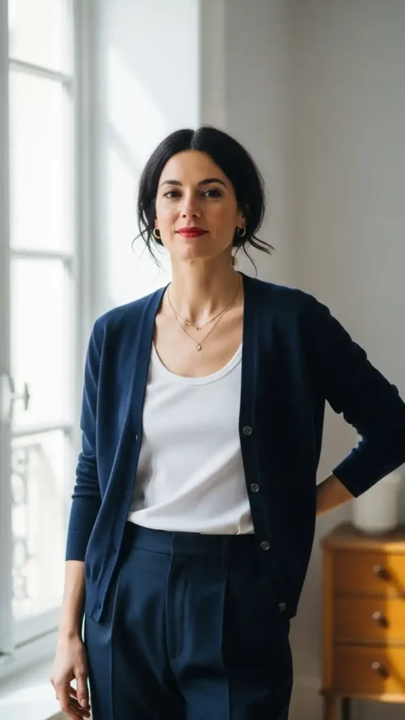 19+ French Wardrobe Basics Women Need For Everyday Elegance 13 navy-cardigan-over-a-cotton-tank