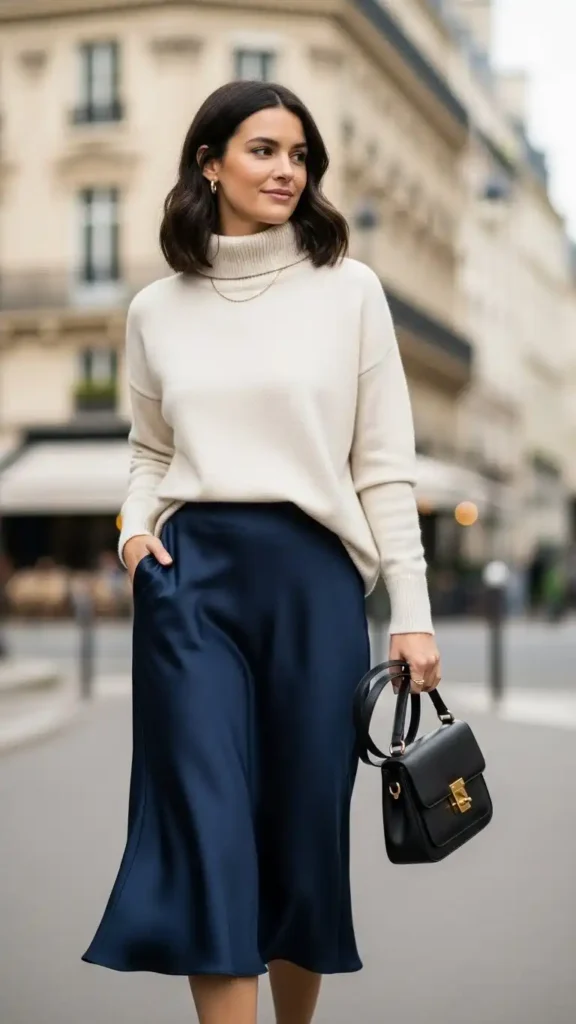 19+ French Wardrobe Basics Women Need For Everyday Elegance 10 neutral-turtleneck-and-slip-skirt-combo